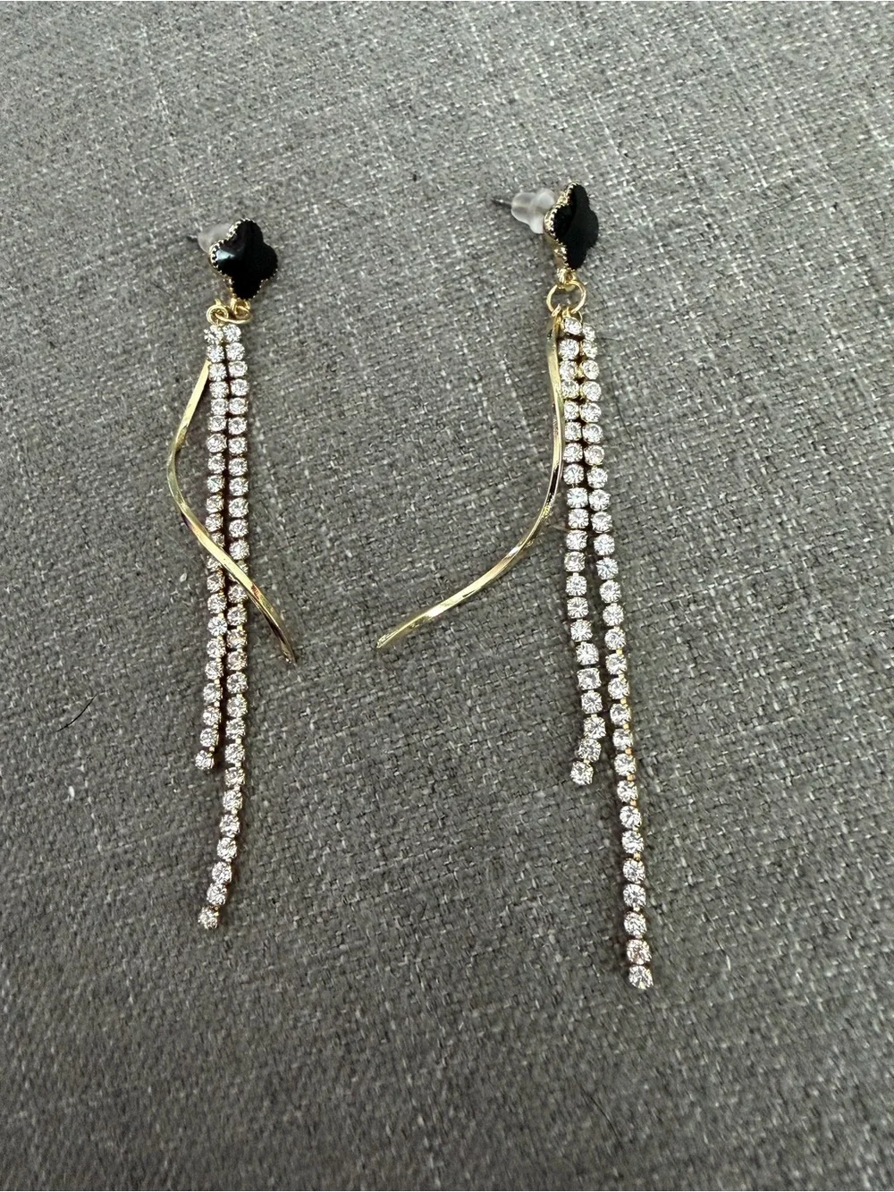 Black Quatrefoil Rhinestone Tassel Drop Earrings Gold Tone